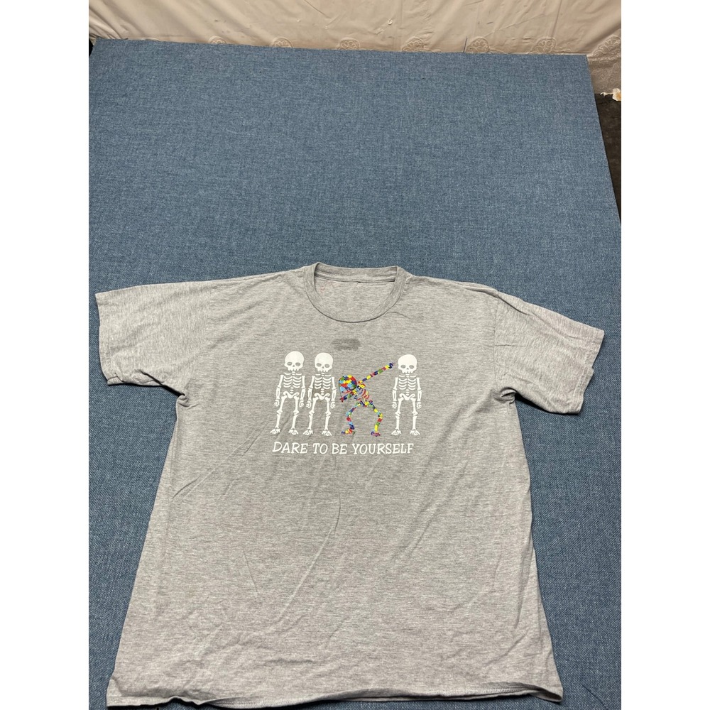Dare To Be Yourself Autism Awareness Skeleton Dabbing Gray T-Shirt Mens L
